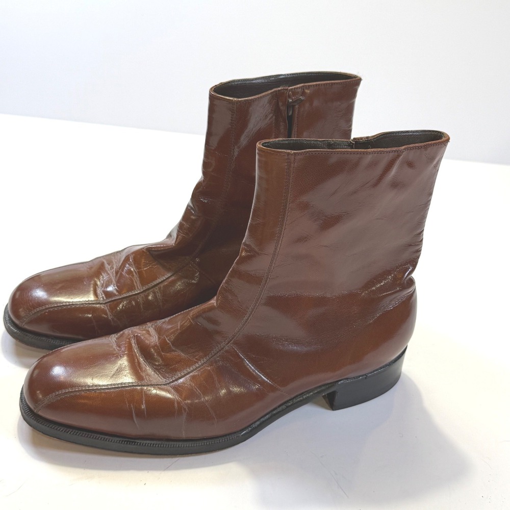 Vintage Florsheim Imperial Mens 10 D Brown Leather Side Zip Ankle Boots USA